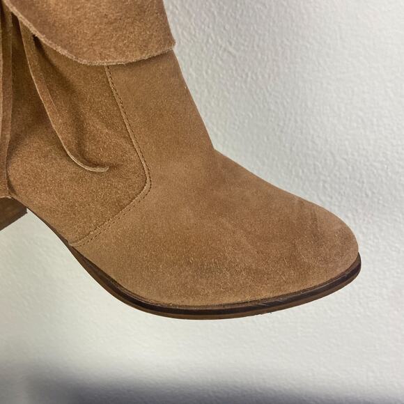 Matisse Paulson Neutral Suede Leather Boots Size 9 Fringe Foldover Zip Tan Ankle - Picture 7 of 12
